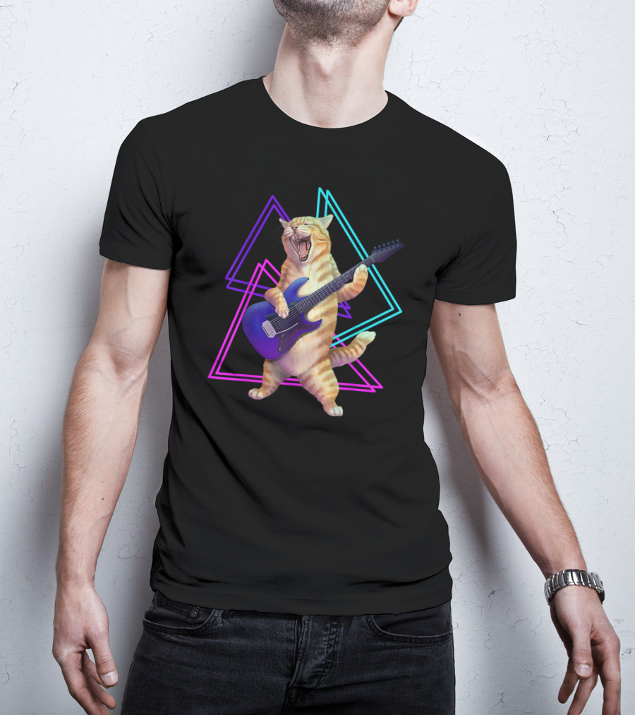 Guitar Cat Rock Kitty On Electric Guitar Neon Triangles T-Shirt