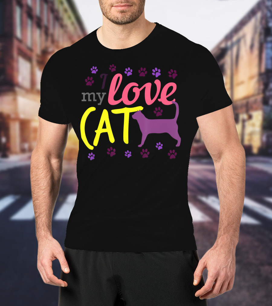 I Love My Cat Feline Owner Cute Pet Purple Paw Prints T-Shirt