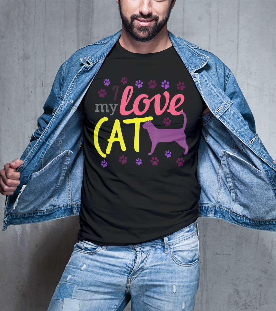 I Love My Cat Feline Owner Cute Pet Purple Paw Prints T-Shirt