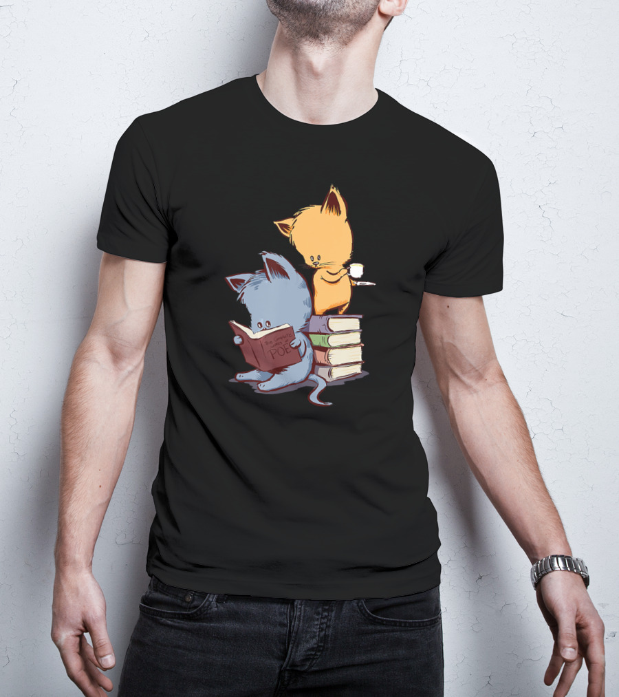 Kittens Reading Edgar Allan Poe With Tea And Books T-Shirt