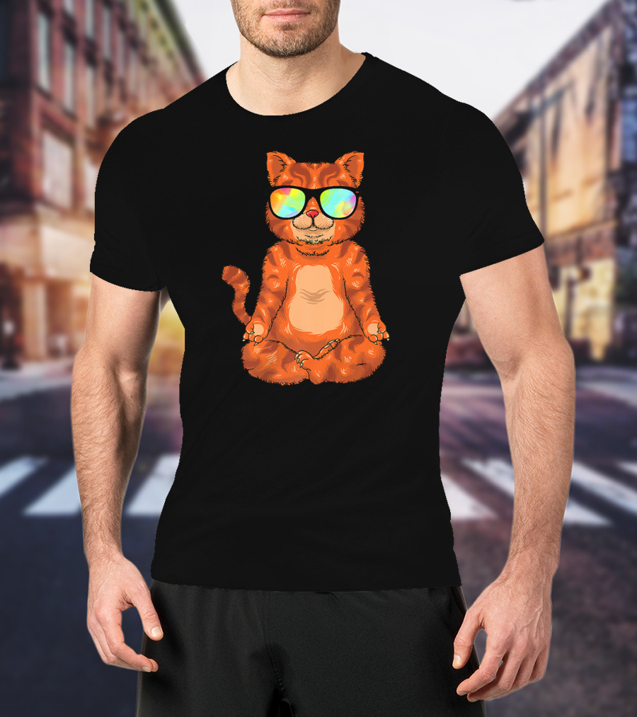 Meditating Cat In Colorful Sunglasses Yoga Pose Cute Drawing T-Shirt
