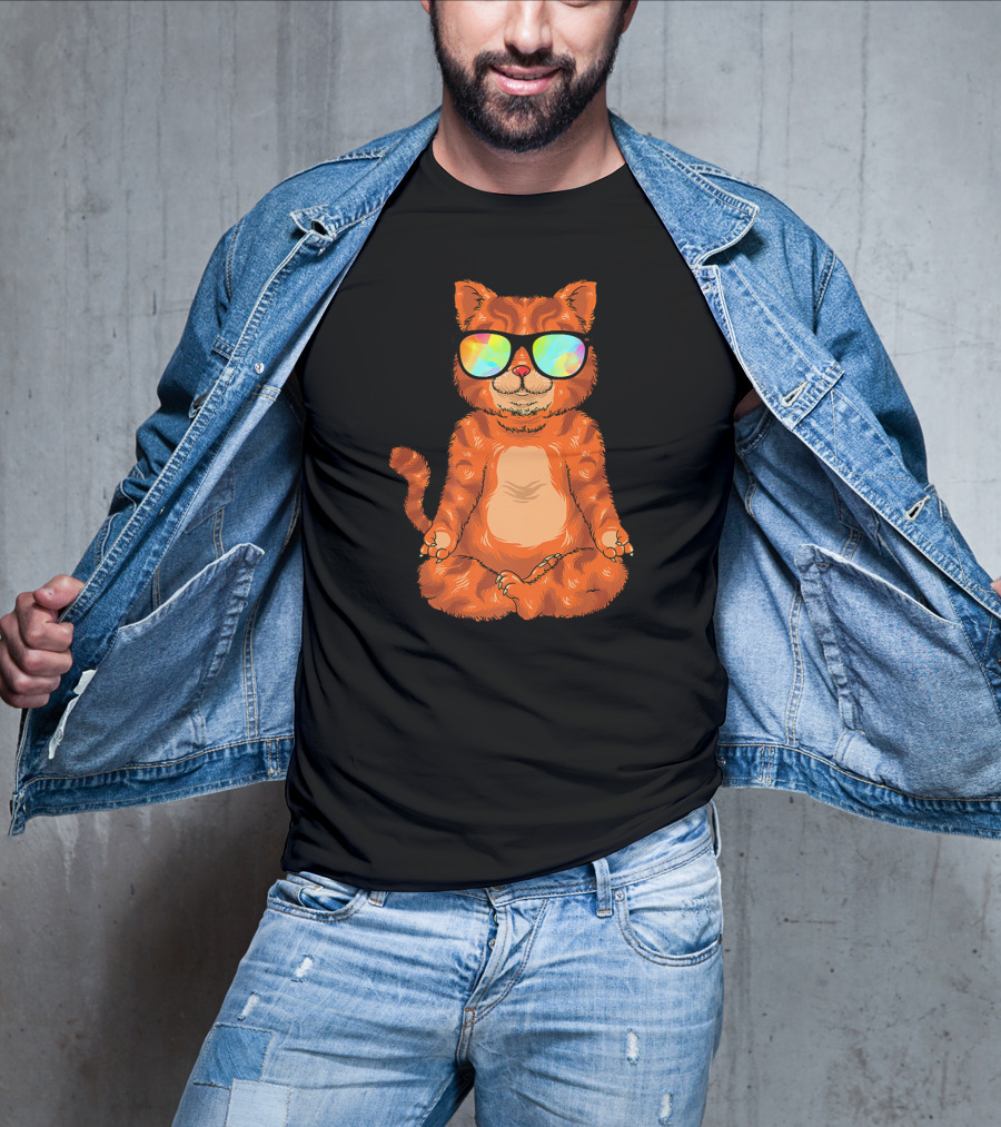 Meditating Cat In Colorful Sunglasses Yoga Pose Cute Drawing T-Shirt