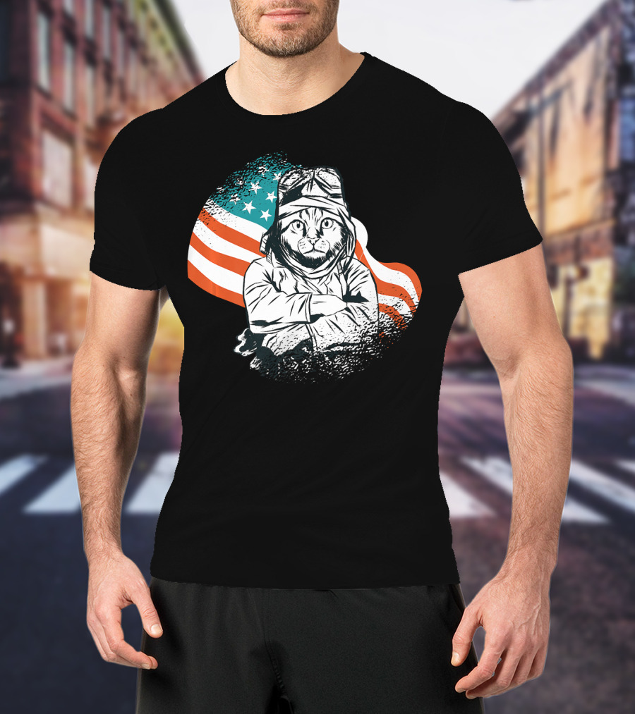 Patriotic Cat Aviator With American Flag For Cat Lovers T-Shirt
