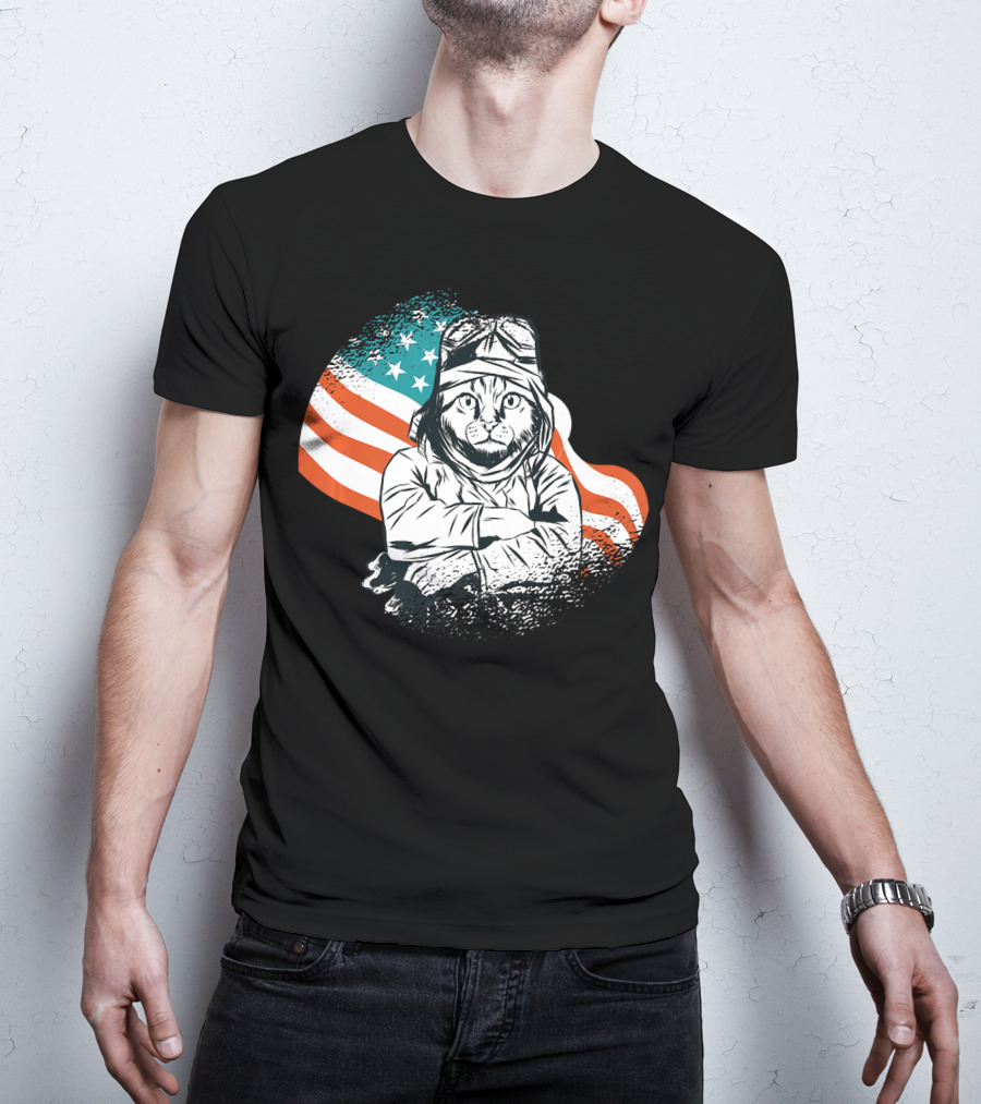 Patriotic Cat Aviator With American Flag For Cat Lovers T-Shirt