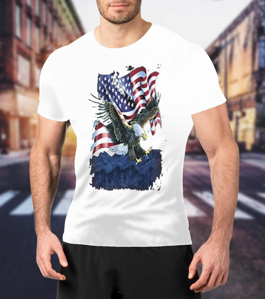Bald Eagle Over Mountains With American Flag Background T-Shirt