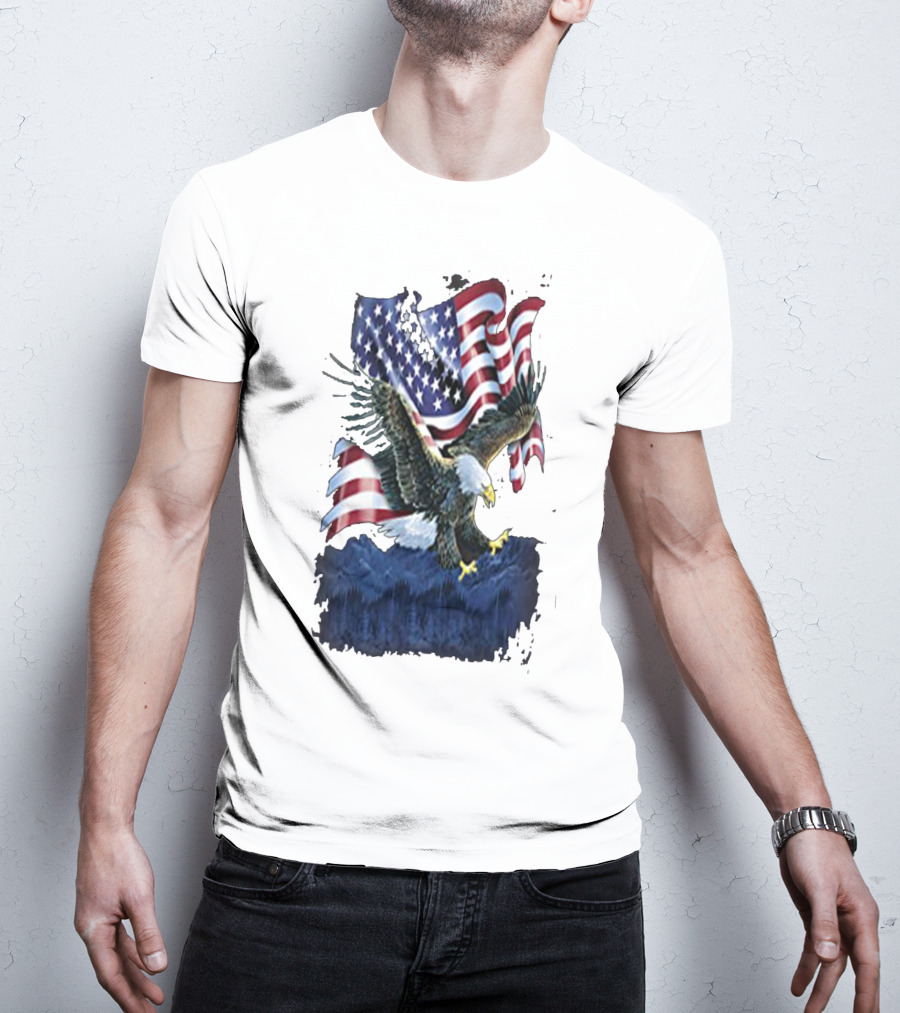 Bald Eagle Over Mountains With American Flag Background T-Shirt