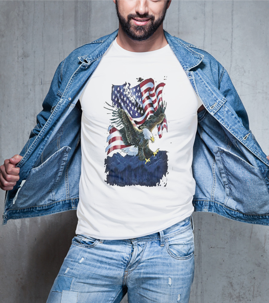 Bald Eagle Over Mountains With American Flag Background T-Shirt