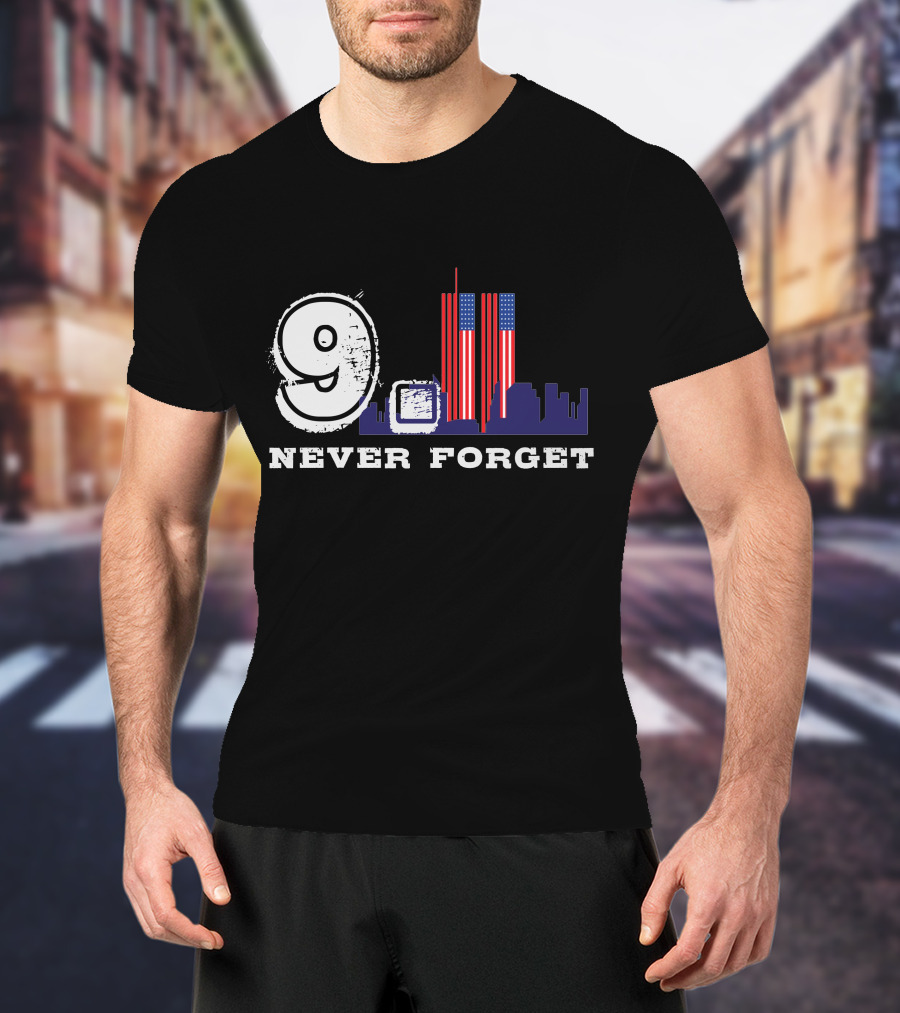 9 Never Forget Twin Towers Skyline American Flag T-Shirt
