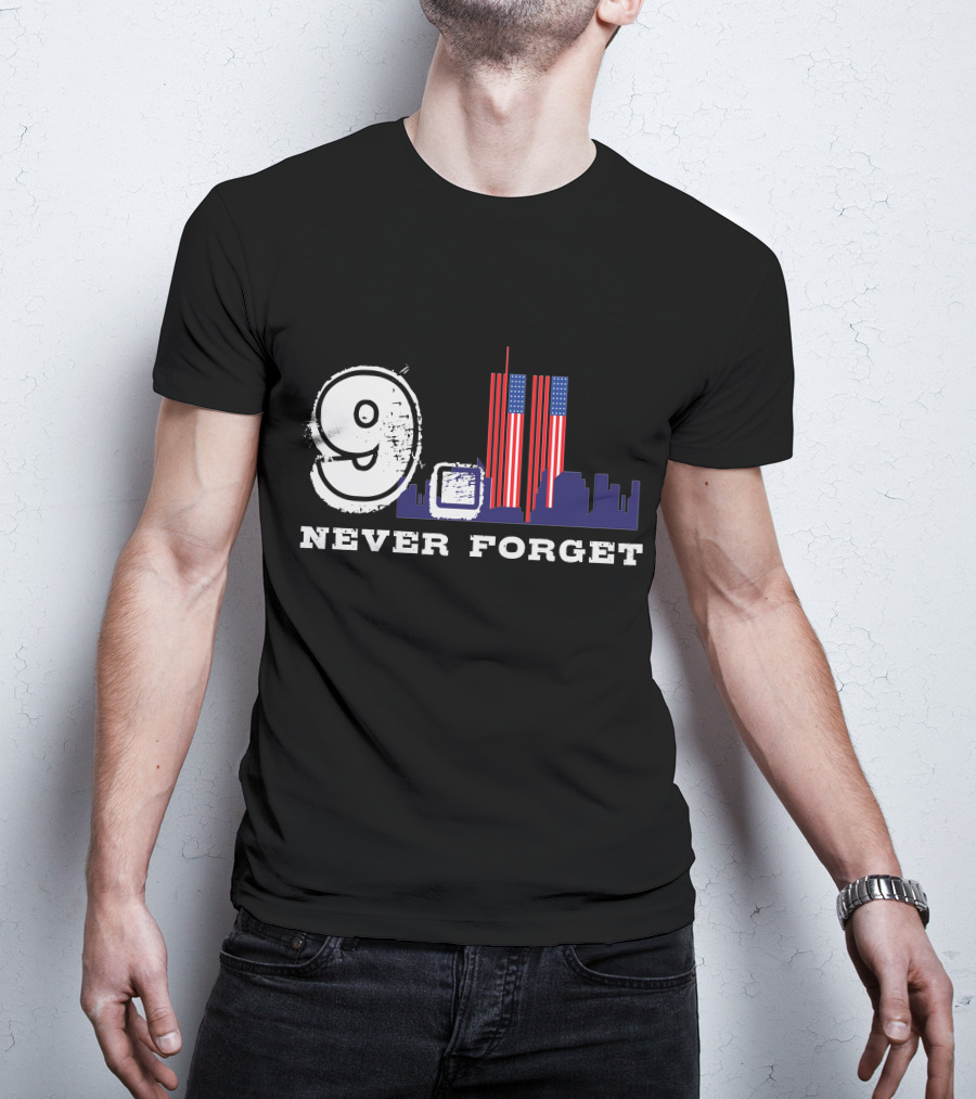 9 Never Forget Twin Towers Skyline American Flag T-Shirt