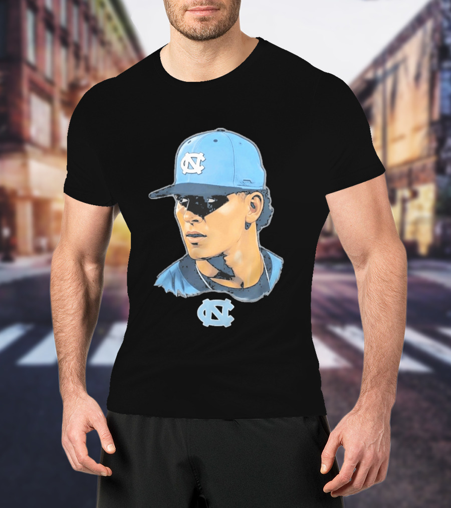 UNC Tar Heels Baseball Portrait Comic Style Navy Blue Cap T-Shirt