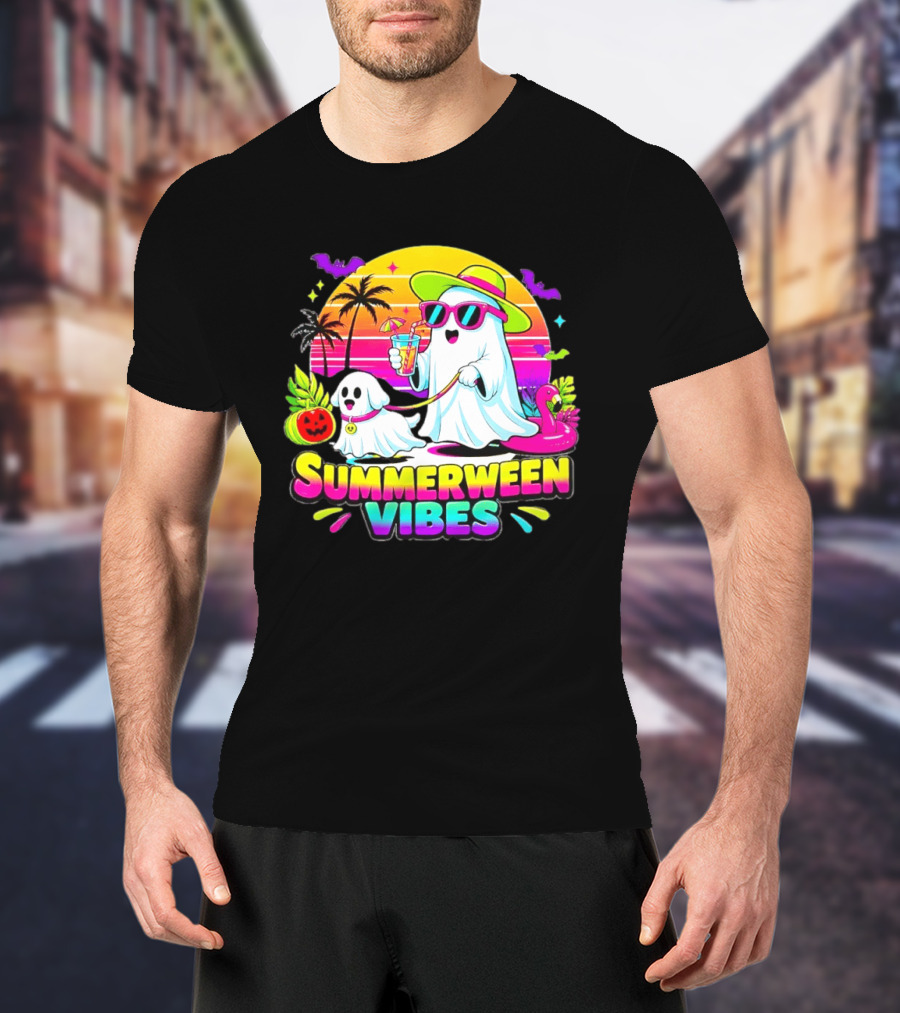 Summerween Vibes Ghost Walking Dog Retro Sunset Tropical Beach Party T-Shirt