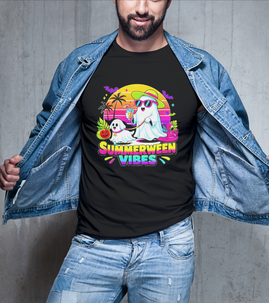 Summerween Vibes Ghost Walking Dog Retro Sunset Tropical Beach Party T-Shirt