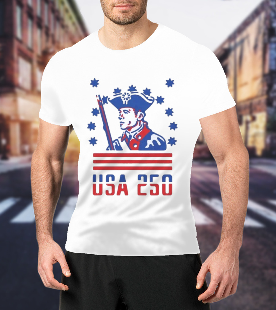 USA 250 Patriot America 250th Anniversary Revolutionary Soldier Stars Stripes T-Shirt