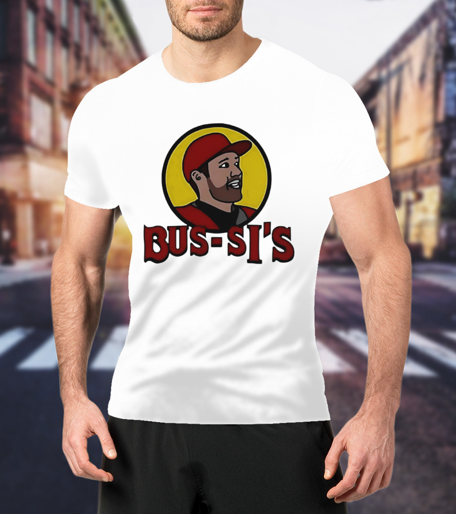 Bus Si's Baseball Player Cartoon Logo Design White T-Shirt