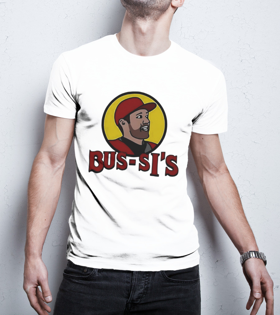 Bus Si's Baseball Player Cartoon Logo Design White T-Shirt