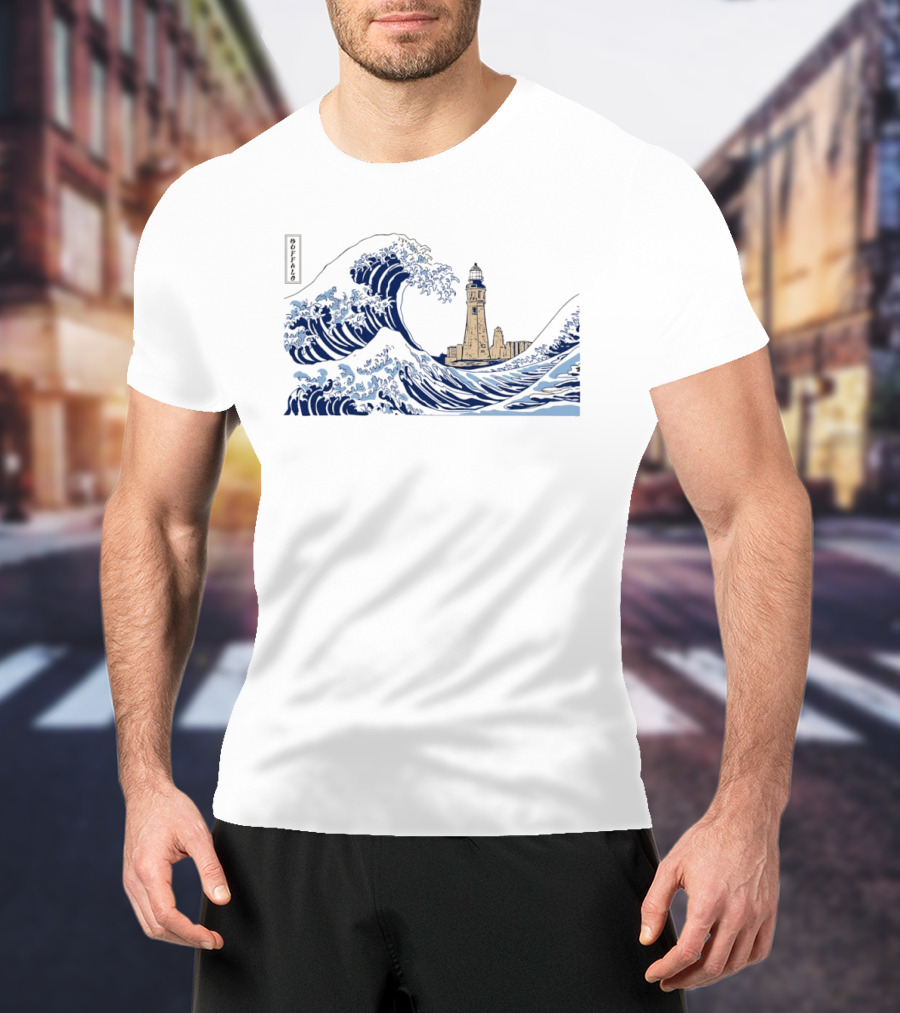 Great Wave Off Buffalo Lighthouse Print T-Shirt