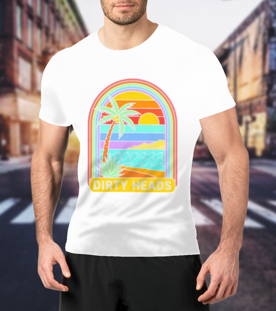 Dirty Heads Tropical Beach Palm Tree Rainbow Arch Sunset T-Shirt