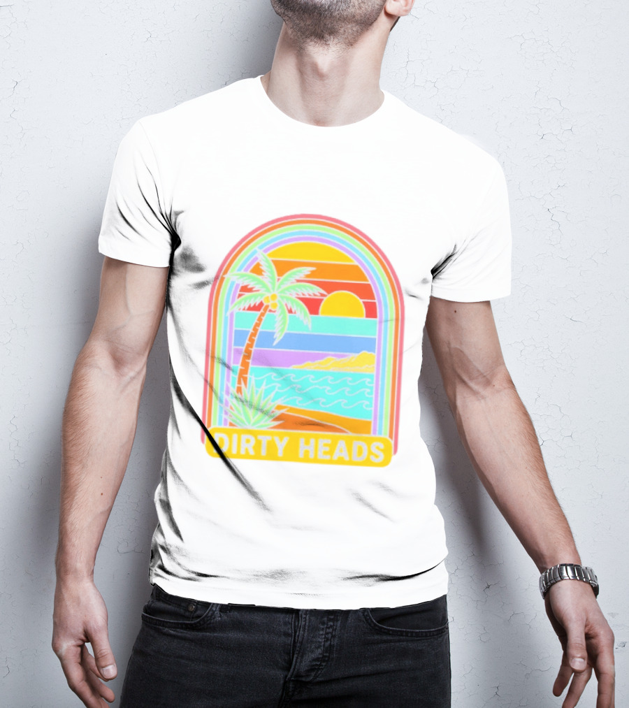Dirty Heads Tropical Beach Palm Tree Rainbow Arch Sunset T-Shirt