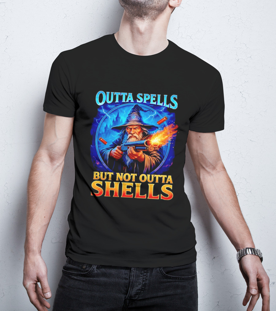Outta Spells But Not Outta Shells Wizard With Gun Fantasy Humor T-Shirt