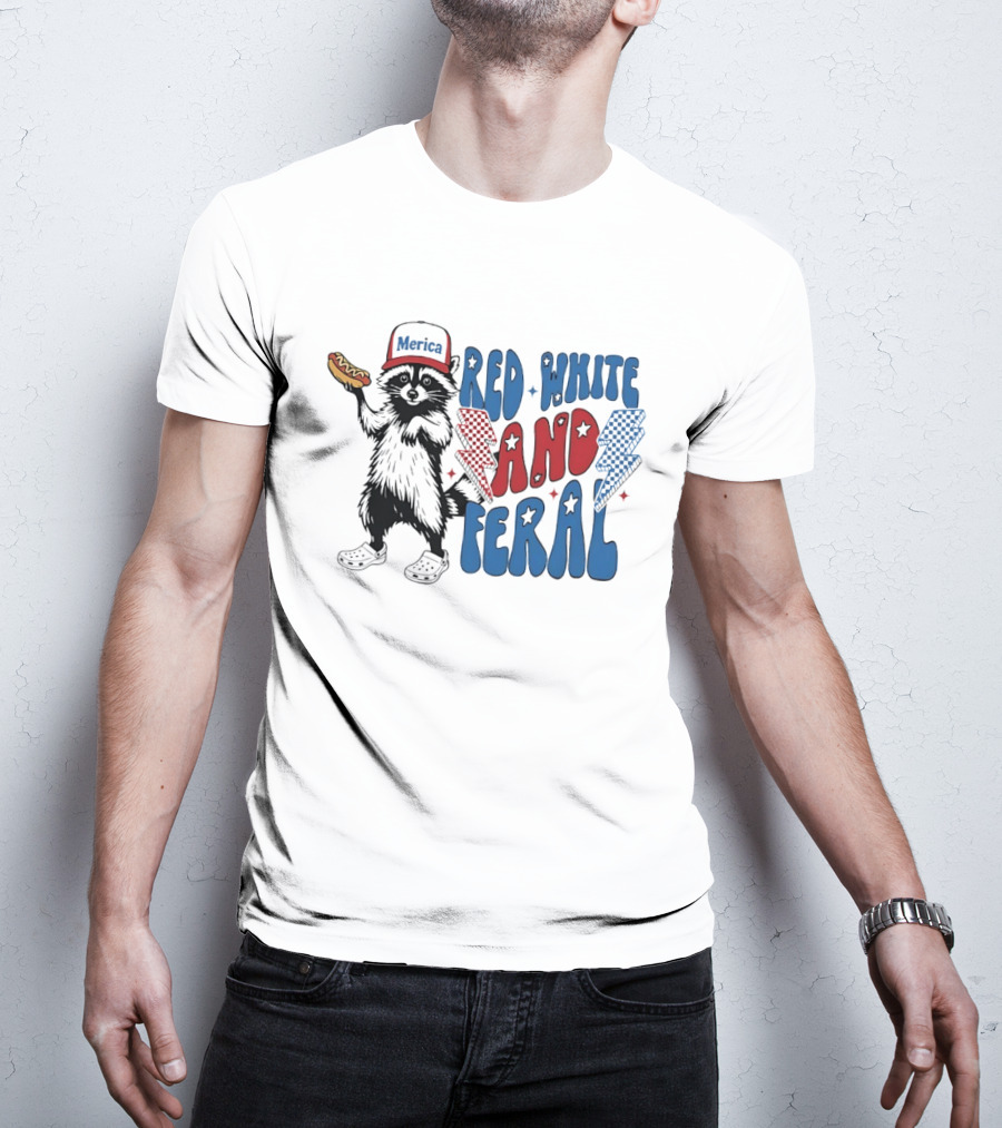 Red White And Feral Raccoon Hotdog Merica Cap Lightning Bolts Patriotic T-Shirt