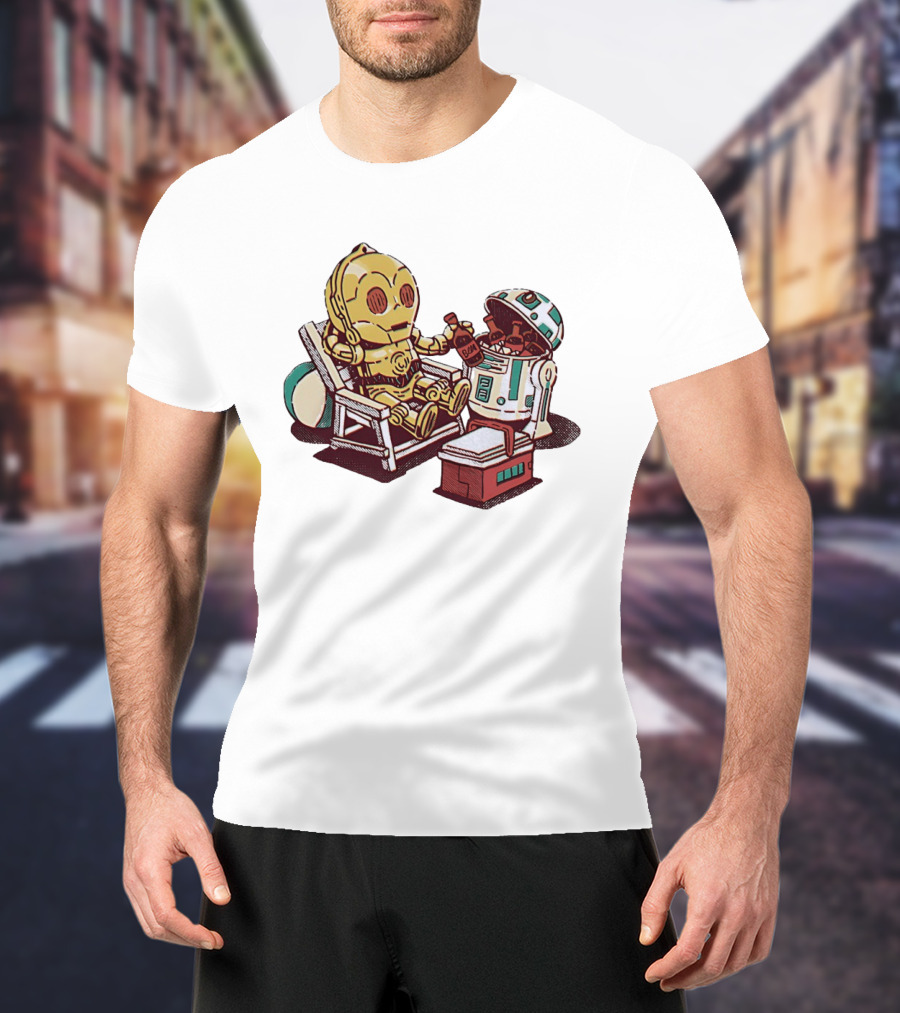 Stay Buddy Two Robots Relaxing Beach Chair Sci Fi Humor T-Shirt