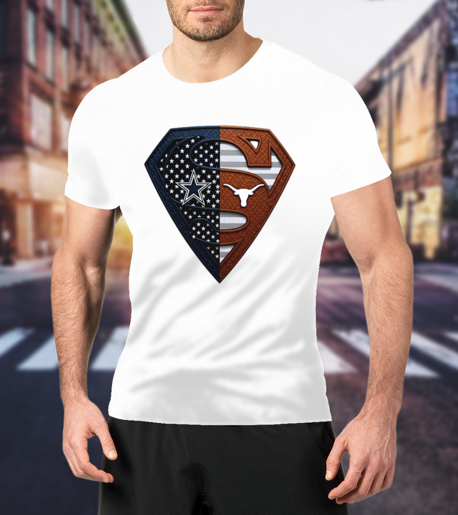 Dallas Cowboys Texas Longhorns Superman Shield Split Dual Icon Emblems T-Shirt