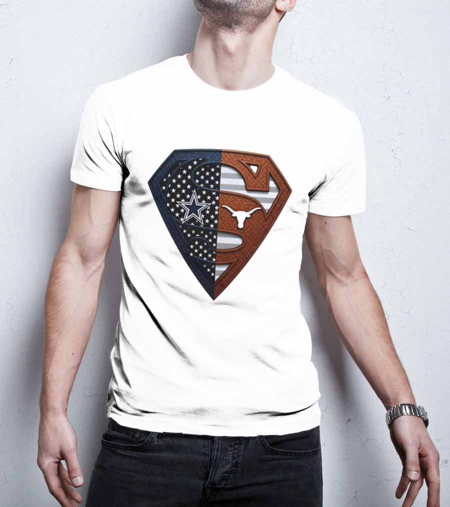 Dallas Cowboys Texas Longhorns Superman Shield Split Dual Icon Emblems T-Shirt