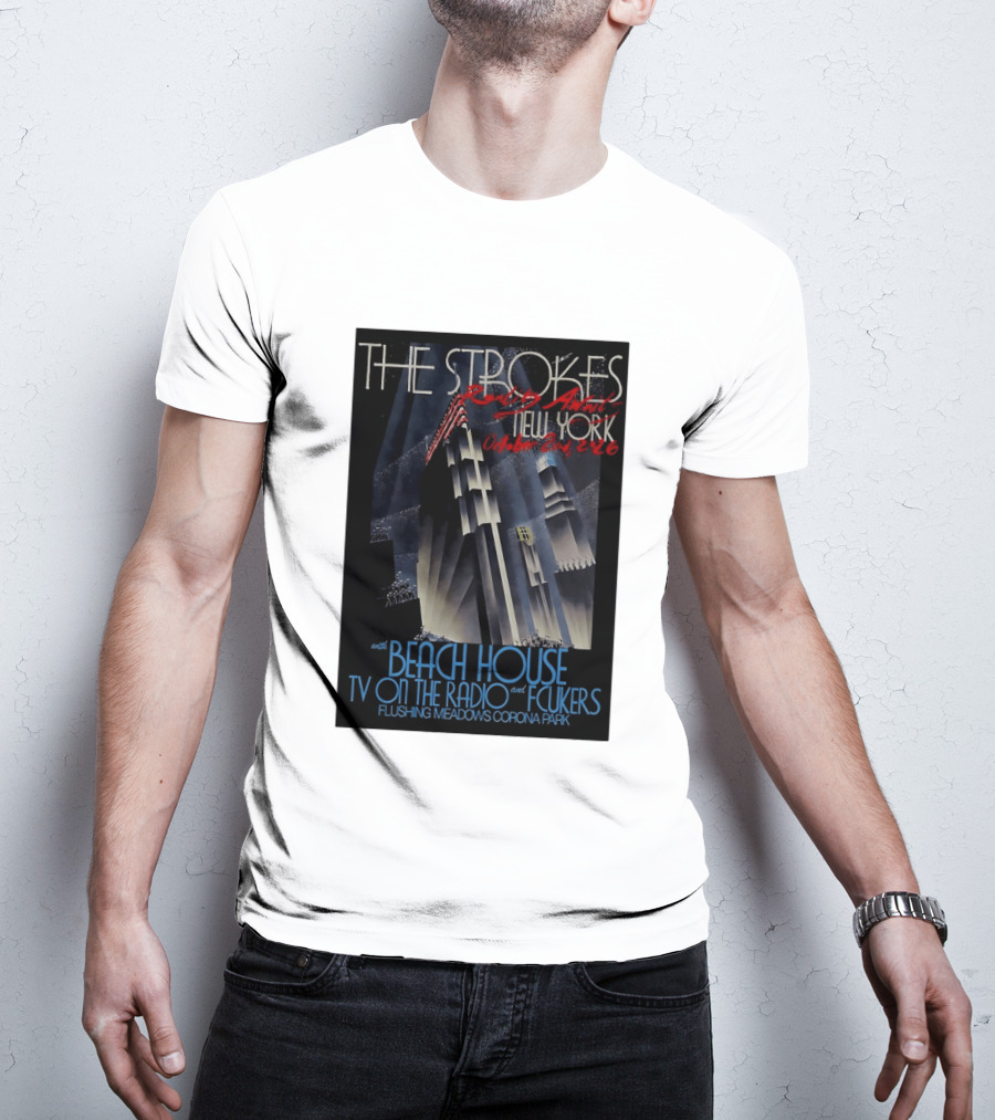 The Strokes New York Concert October 2026 Flushing Meadows Corona Park With Beach House TV On The Radio Fcukers Deco Cityscape T-Shirt