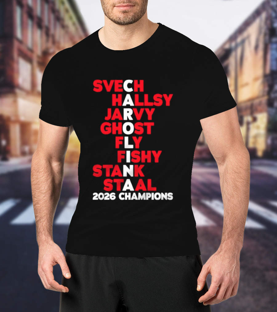 Carolina Hurricanes 2026 Champions Svech Hallsy Jarvy Ghost Fly Fishy Stank Staal T-Shirt