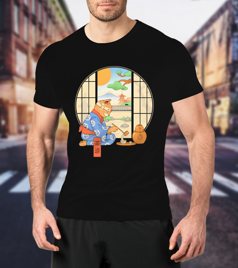 Ukiyo E Style Cat Tea Ceremony With Japanese Landscape T-Shirt