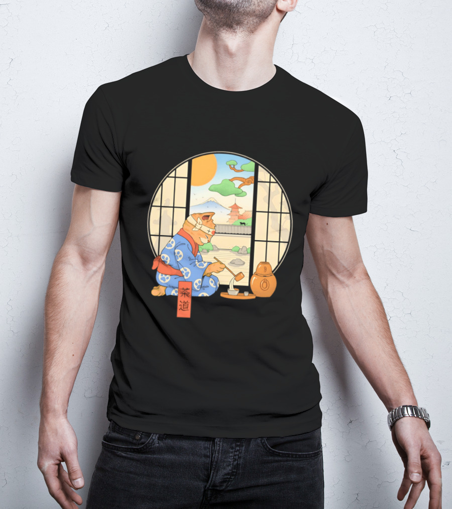 Ukiyo E Style Cat Tea Ceremony With Japanese Landscape T-Shirt