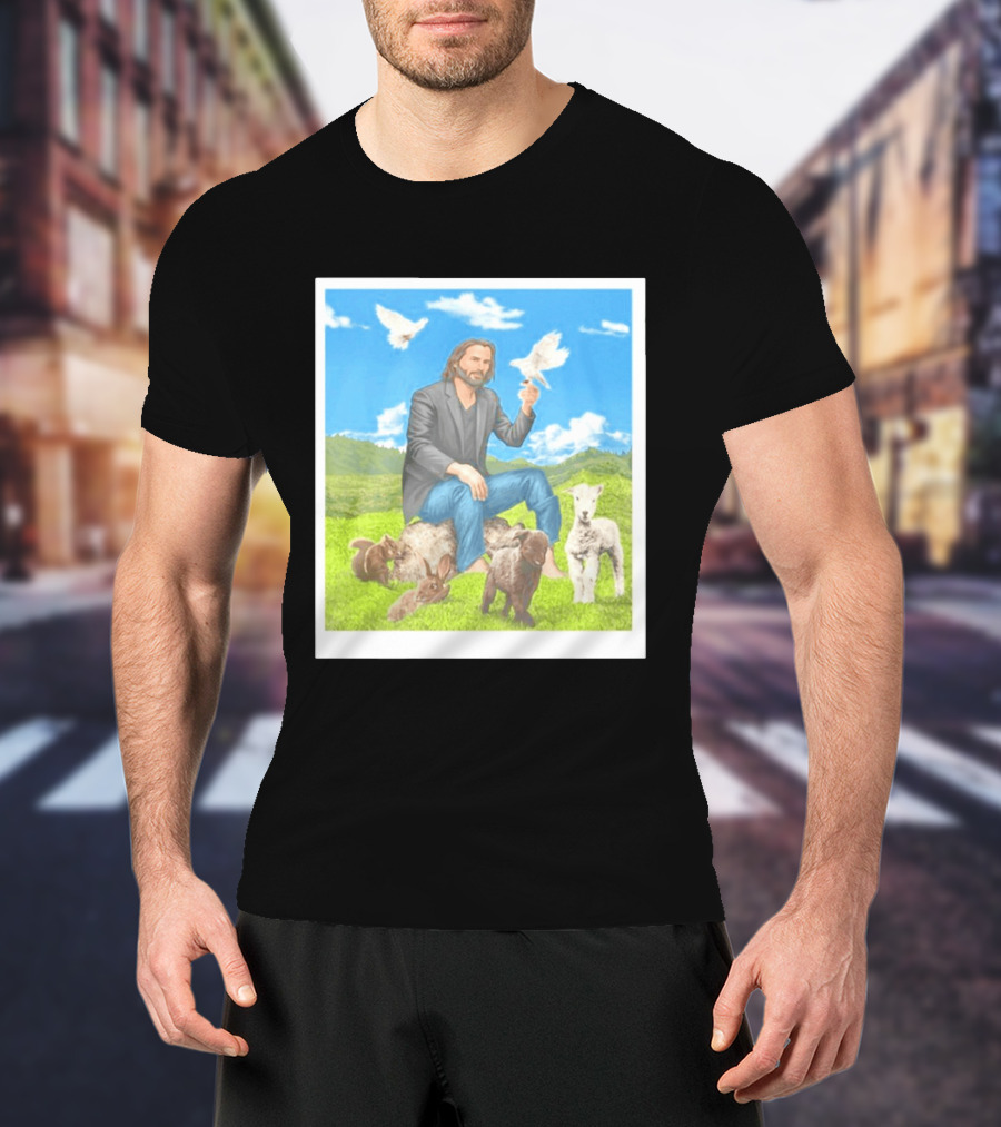 Keanu Reeves Surrounded By Animals In Peaceful Steppe Landscape T-Shirt