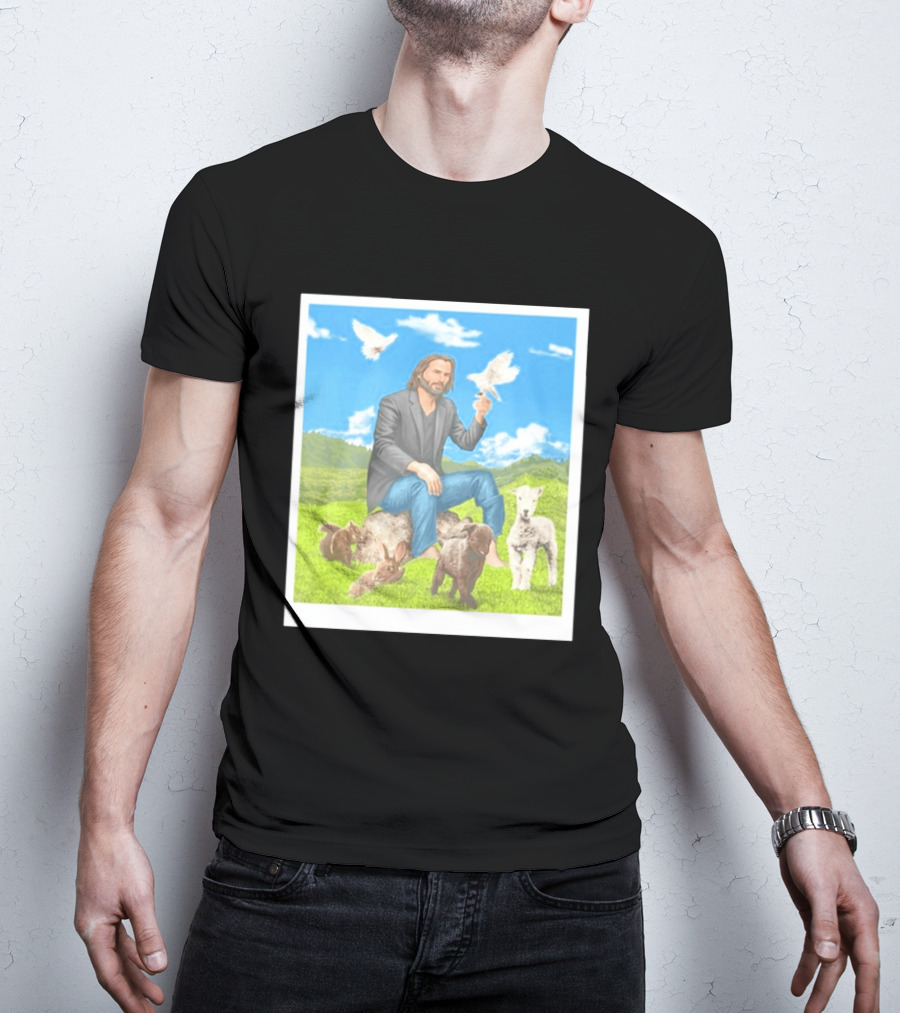 Keanu Reeves Surrounded By Animals In Peaceful Steppe Landscape T-Shirt