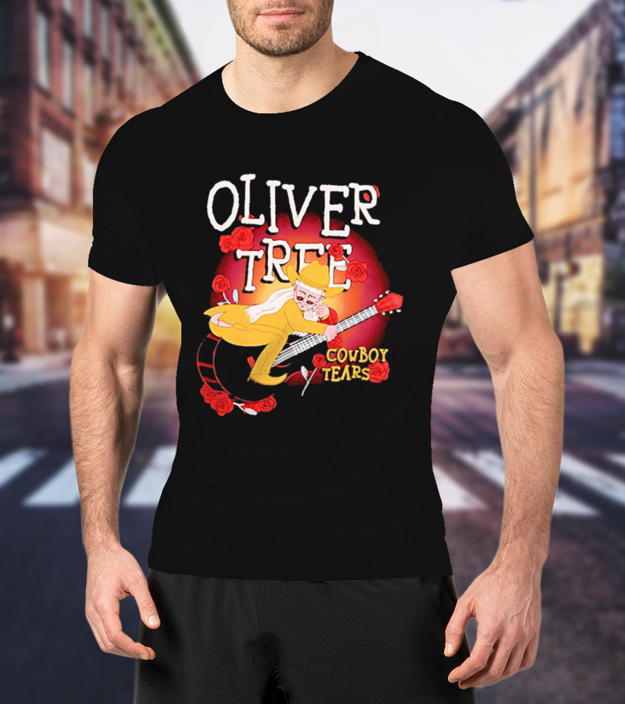 Oliver Tree Cowboy Tears Cartoon Character With Roses And Guitar T-Shirt