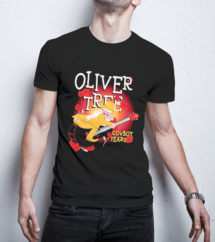 Oliver Tree Cowboy Tears Cartoon Character With Roses And Guitar T-Shirt