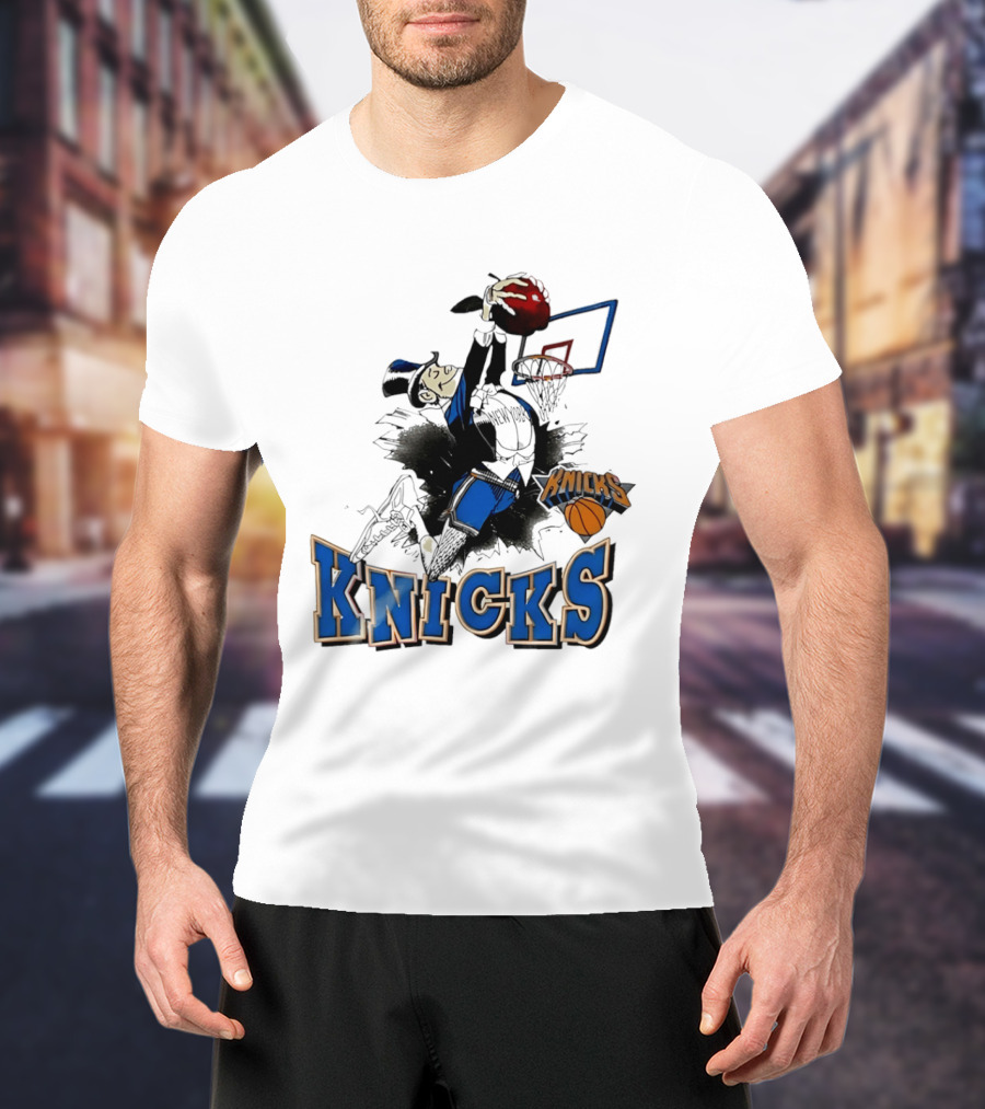 New York Knicks Dunking Red Apple Knicks Text Blue Basketball T-Shirt