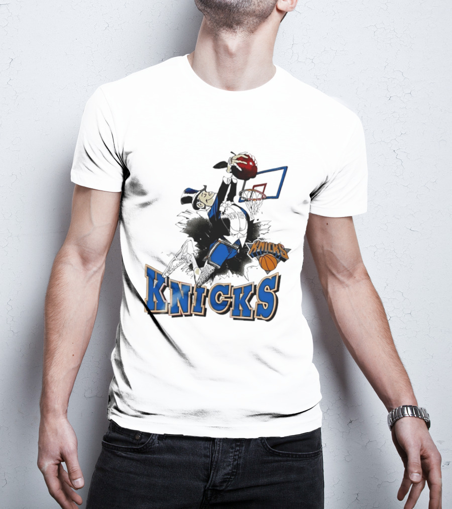 New York Knicks Dunking Red Apple Knicks Text Blue Basketball T-Shirt