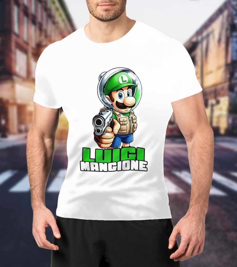 Luigi Mangione Super Mario Green Hat Gun Image T-Shirt
