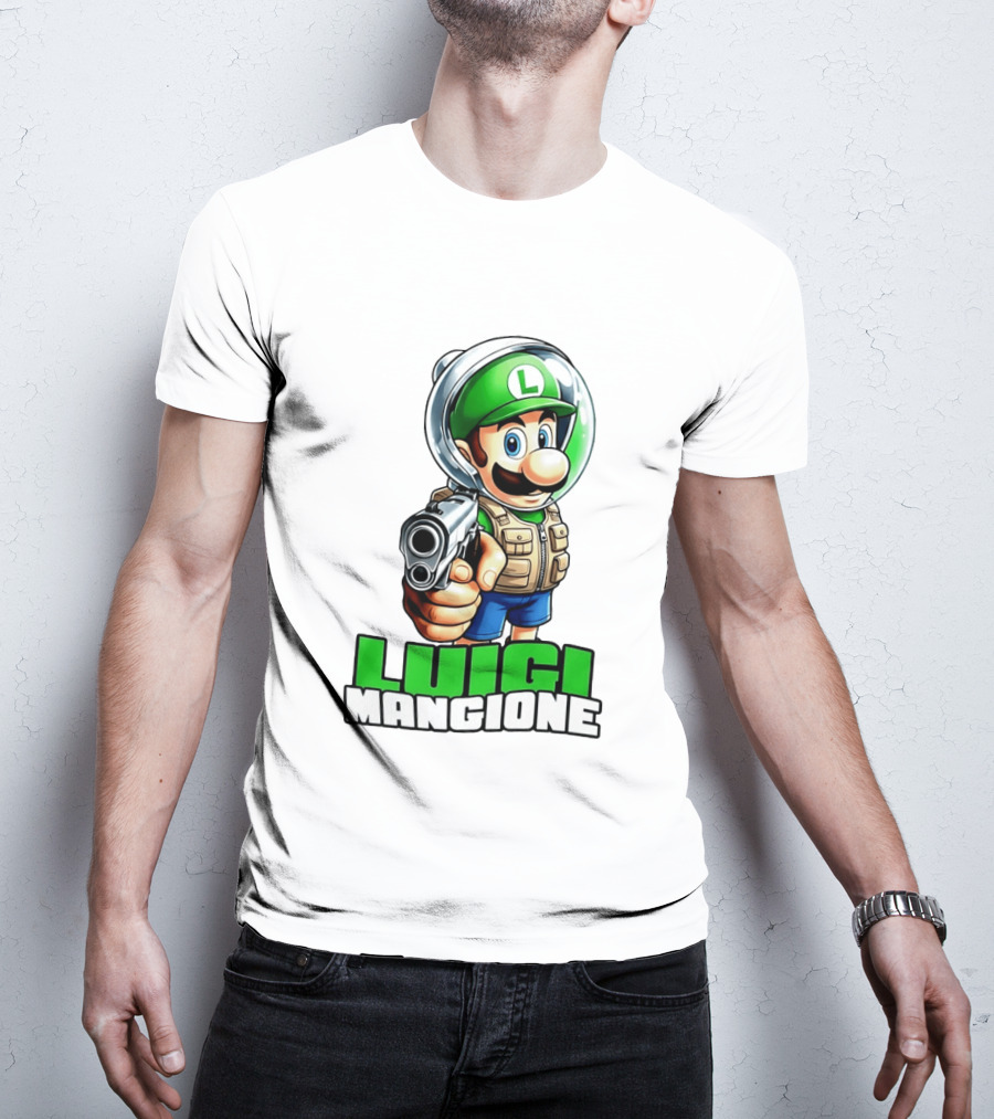 Luigi Mangione Super Mario Green Hat Gun Image T-Shirt