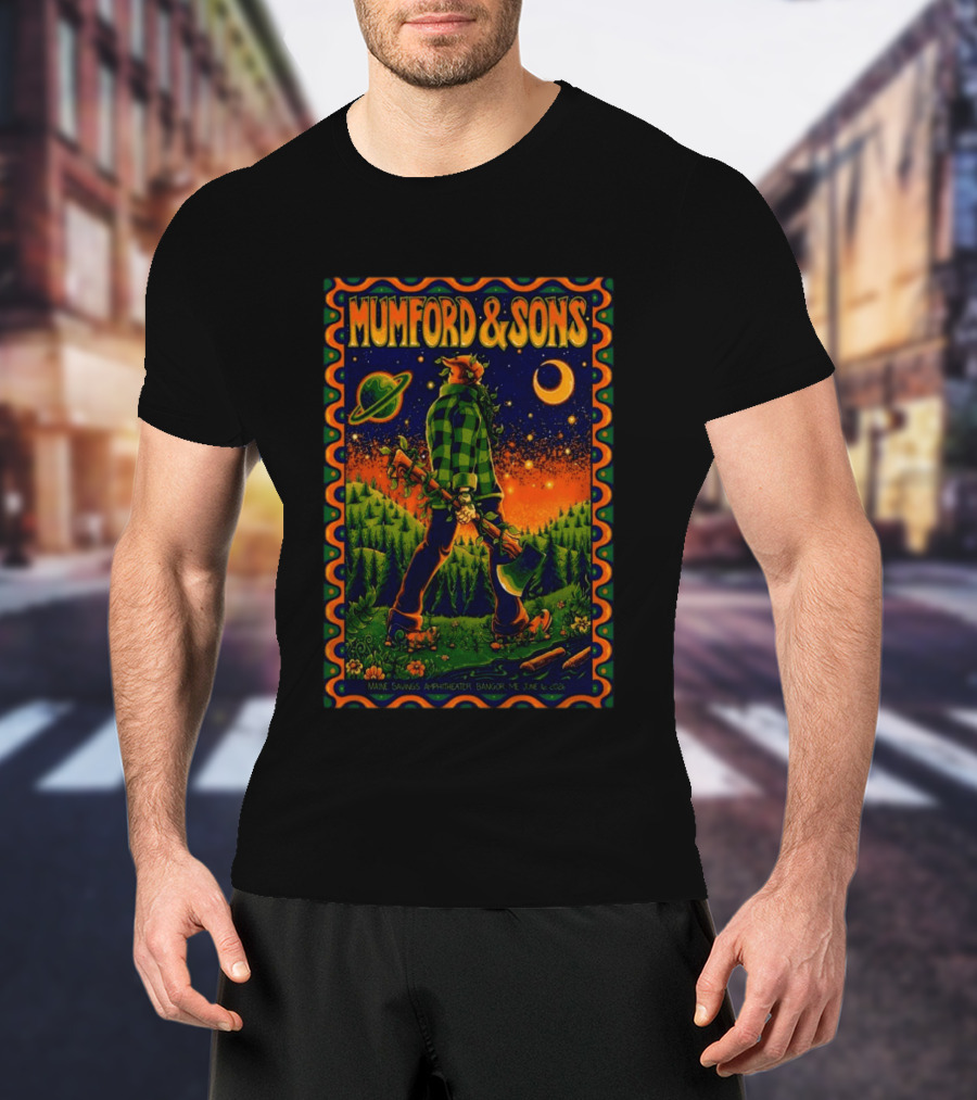 Mumford And Sons Maine Savings Amphitheater Bangor ME June 16 2026 Concert Planet And Moon Lumberjack T-Shirt