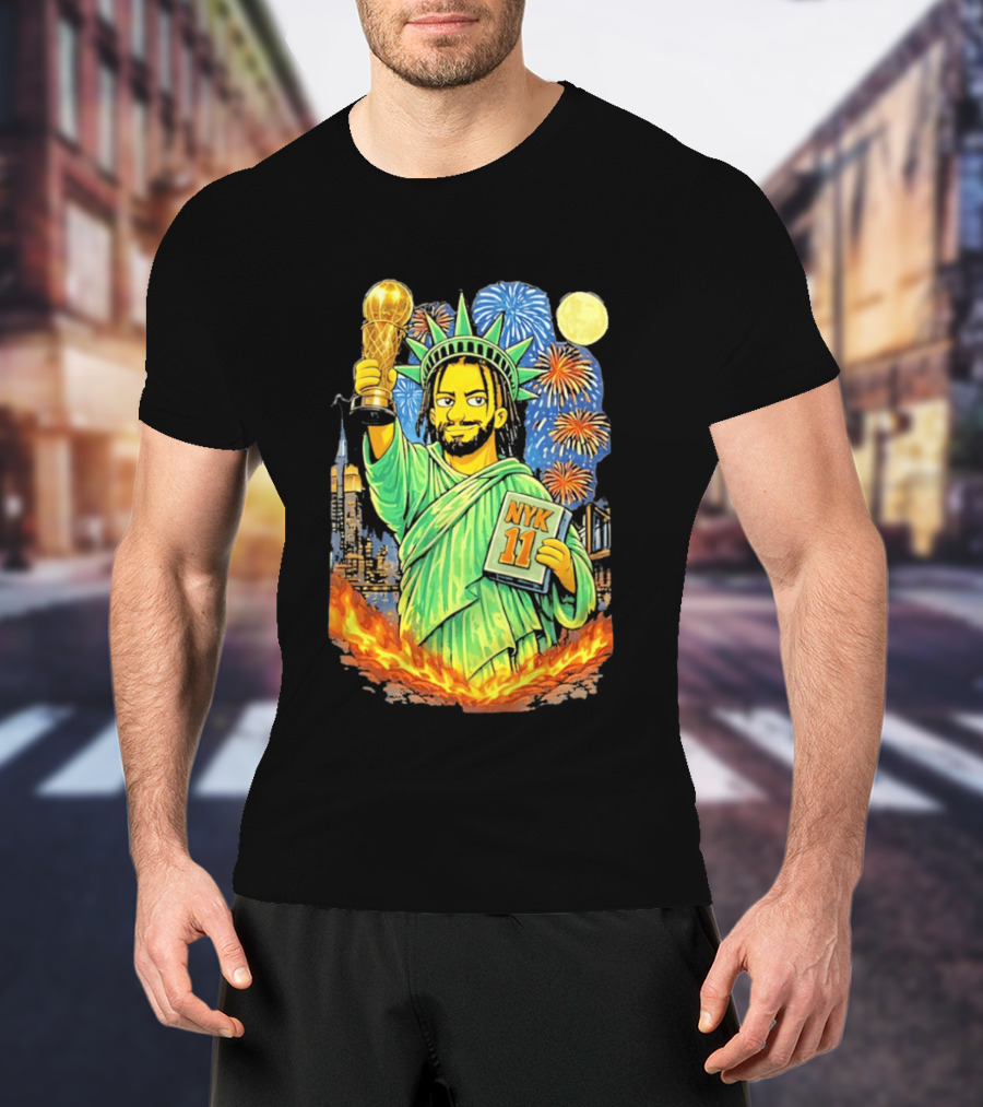 New York Knicks Jalen Brunson As Statue Of Liberty NYK 11 With Trophy And Fireworks T-Shirt