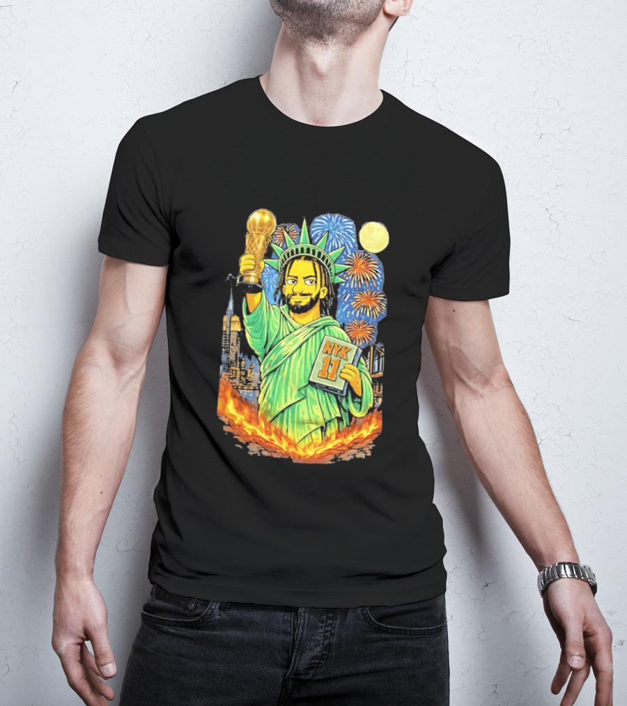 New York Knicks Jalen Brunson As Statue Of Liberty NYK 11 With Trophy And Fireworks T-Shirt