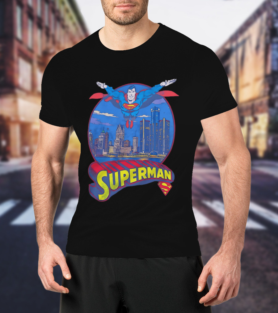 Detroit Superman Jay Towers Motor City Skyline Superman Logo Retro Comic T-Shirt