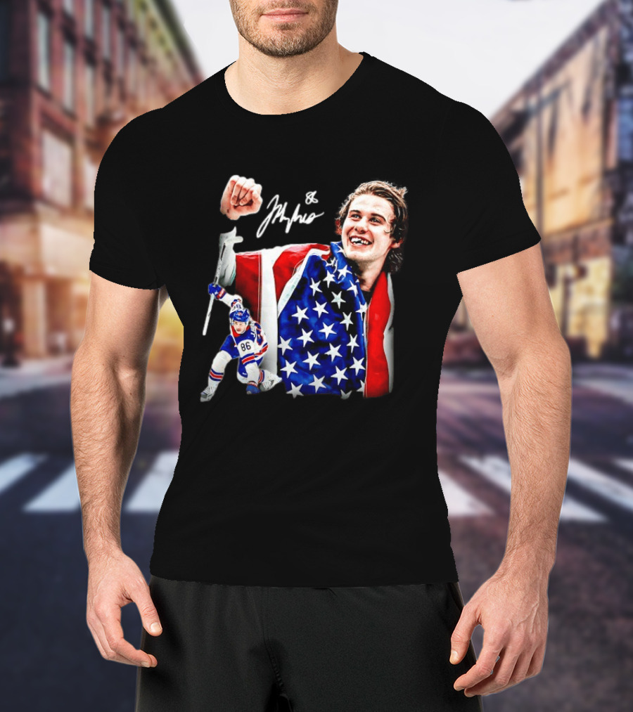 Jack Hughes New Jersey Devils USA Flag 86 Hockey Celebration T-Shirt
