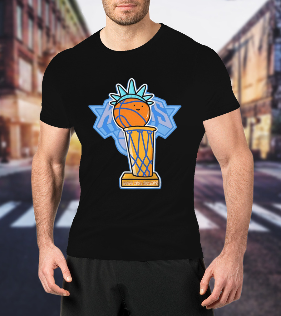 Knicks NBA Champs 2026 Statue Of Liberty Basketball Trophy T-Shirt