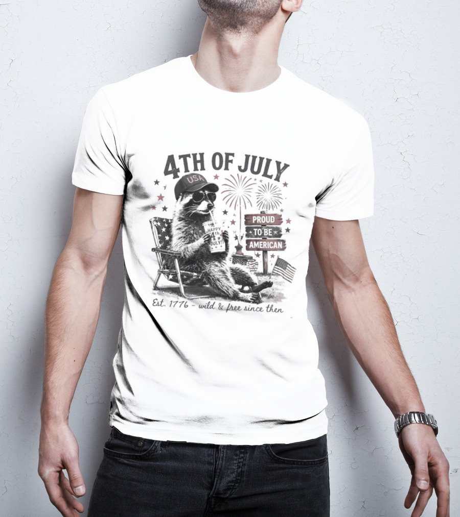 4th Of July Raccoon USA Hat Sunglasses Proud To Be American Est 1776 T-Shirt