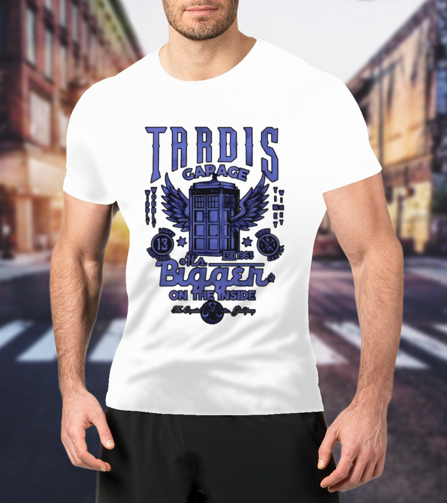 Tardis Garage It's Bigger On The Inside Lucky 13 Doctors Wibbly Wobbly Timely Wimey Sonic Crafted Estd 1963 T-Shirt