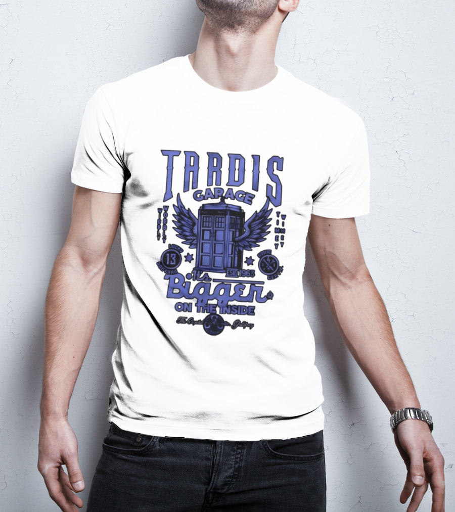 Tardis Garage It's Bigger On The Inside Lucky 13 Doctors Wibbly Wobbly Timely Wimey Sonic Crafted Estd 1963 T-Shirt