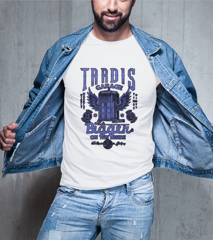 Tardis Garage It's Bigger On The Inside Lucky 13 Doctors Wibbly Wobbly Timely Wimey Sonic Crafted Estd 1963 T-Shirt