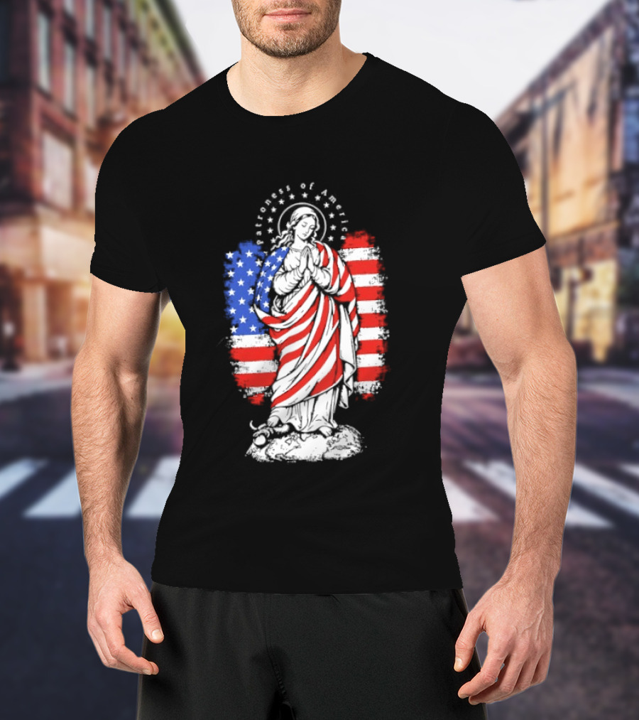 Blessed Virgin Mary Patroness Of The USA With American Flag Colors Catholic T-Shirt